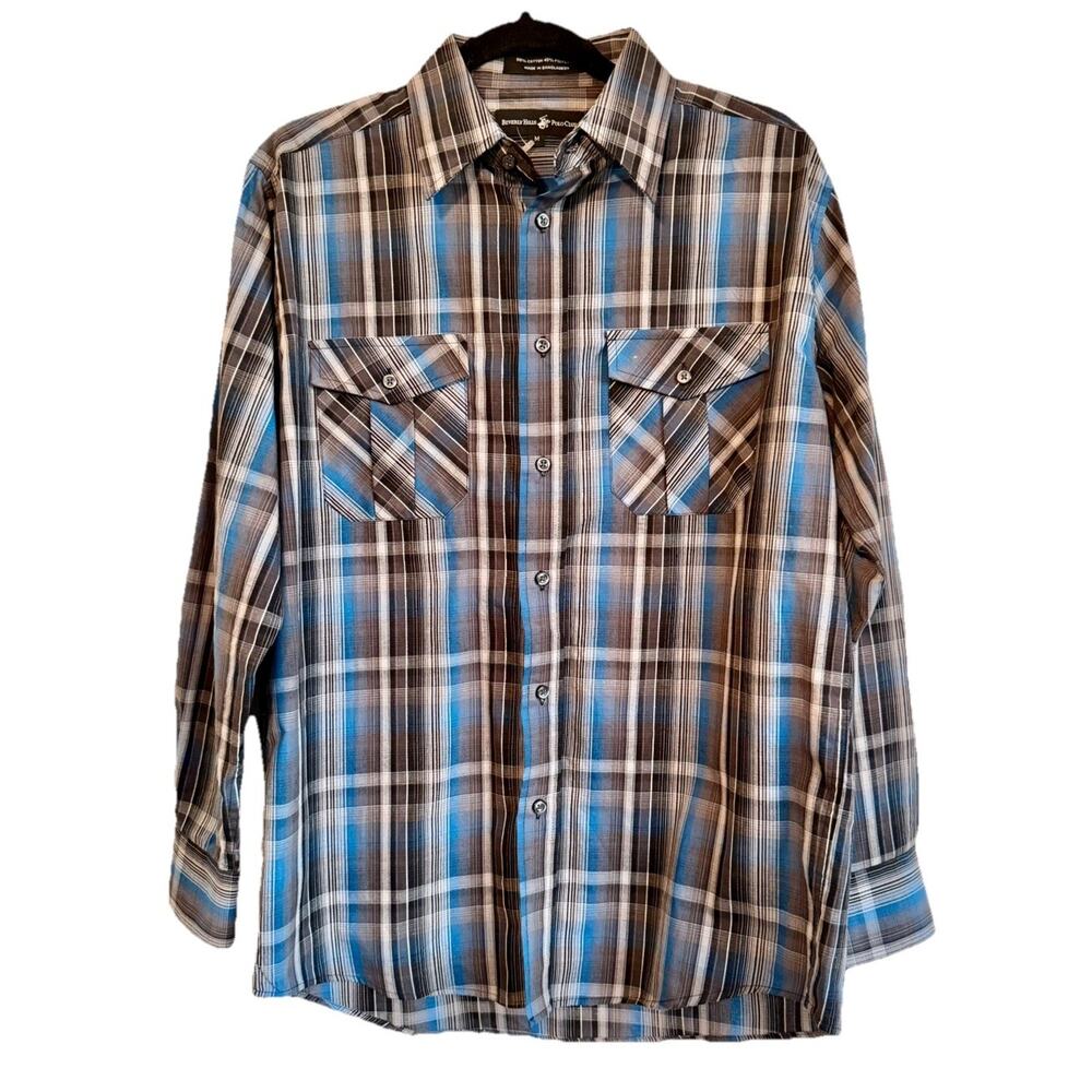 Beverly Hills Polo Club Men’s Medium Plaid Button Down Shirt Blue Gray
